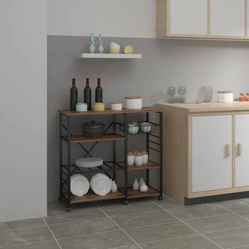 Keukeneiland - Keuken Eiland - Kookeiland Verplaatsbaar - Keukenblok Met Werkblad - Keukeneiland/bartafel - Magnetron Kast - Op Wielen - Tafel - 83x48x90 Cm - Bruin