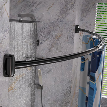 Gebogen douchegordijnrail met 12 ringen - Stevige hoekstang douchegordijn zonder plafondbeugel - Roestvrije douchegordijnrail voor in de hoek - 100-200 cm - Uitschuifbare douchegordijnrail bad & douche Zwart