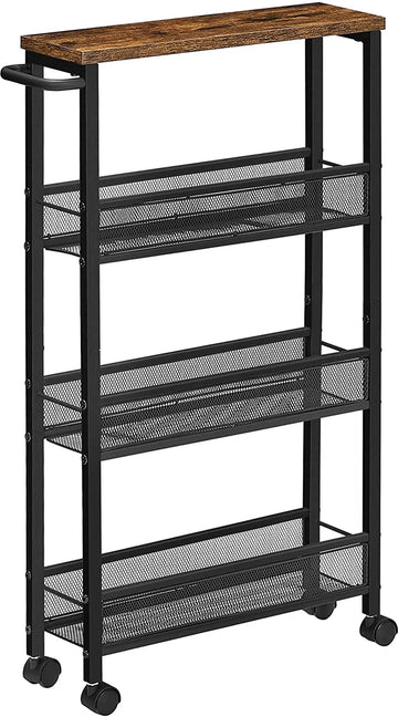 serveerwagen, verrijdbaar keukenrek, smal, keukenwagen, verrijdbare trolley, 360° zwenkwielen, metalen frame, voor keuken, woonkamer, kantoor aan huis, vintage bruin-zwart