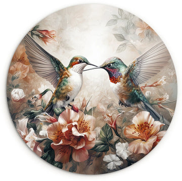 WallCircle® Wandcirkel 60x60 cm - Muurcirkel Kolibrie - Vogels - Bloemen - Natuur - Muurdecoratie woonkamer - Wanddecoratie slaapkamer - Kamer decoratie accessoires - Ronde schilderijen - Woonaccessoires cirkel binnen