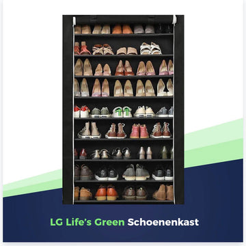 LG Life's Green Opvouwbare Schoenenkast - Schoenenopslag met 10 legplanken - Opbergkast - Stoffen Kledingkast - 80KG Draagvermogen - Zwart - 100 x 28 x 164 cm