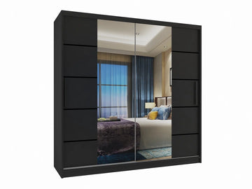 Moderne Zwarte Kledingkast –Spiegel en 2 Lades - Ruime Opbergruimte- 216 x 200 x 60 cm
