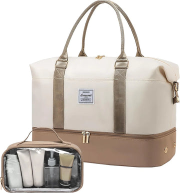 Reistas voor dames 2 stuks - Beige/bruin - Grote weekendtas met toilettas - Handbagagetas, sporttas, schoudertas - 46 x 22 x 41 cm - Handtas met schouderband - Gouden details - Waterbestendig - Schoenenvak- 2-delige reisset