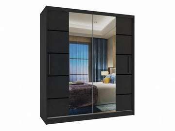 Kledingkast Zwart Met Spiegel 133cm-Schuifdeuren-2 Lades