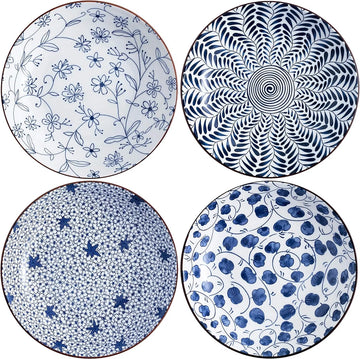 Keramische pastabordenset van 4, blauw en wit porselein 20 cm saladeschalen, diner platte borden, serveerschaal voor hapjes, salade, dessert en snacks (20 cm)