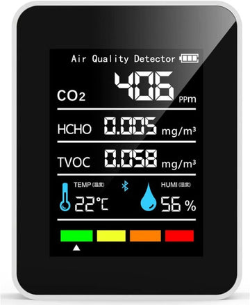 CO2 meter - CO2 meter binnen - Luchtkwaliteitsmeter - 5 in 1 meter - Koolstofdioxide meter - Bereik tot 5000ppm - Oplaadbaar - Wit/Zwart - Slimme CO2 meter - Inclusief alarm voor boven en ondergrens