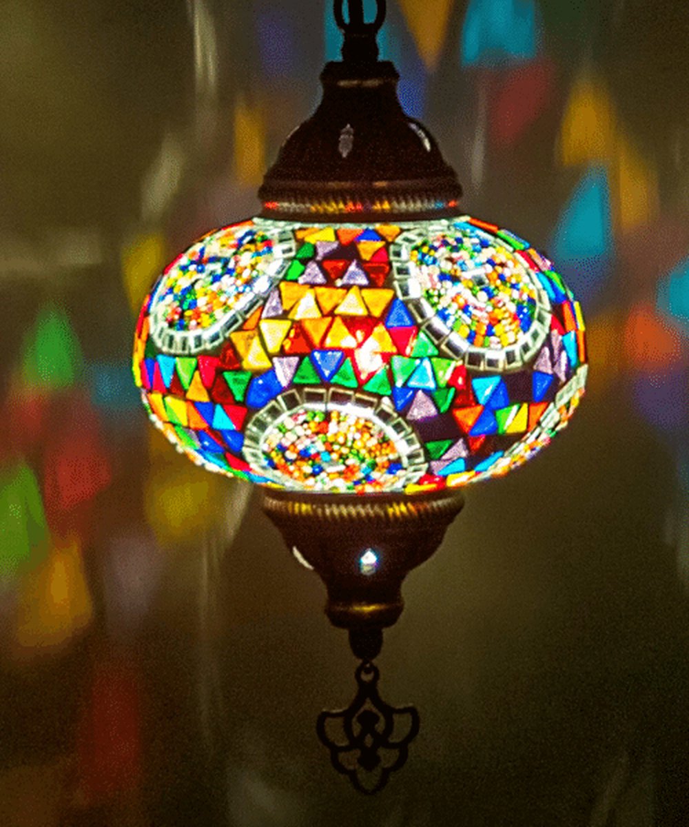 Hanglamp - Mozaïek Lamp - Oosterse Lamp - Turkse Lamp - Marokkaanse Lamp - Ø 15 cm - Hoogte 53 cm - Handgemaakt - Authentiek - bonte kleuren