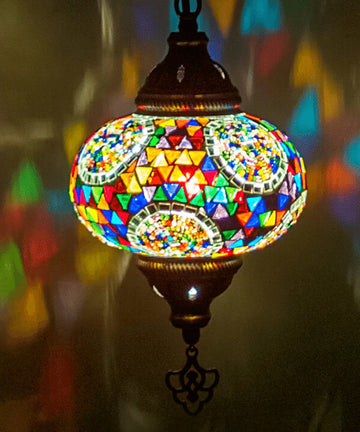 Hanglamp - Mozaïek Lamp - Oosterse Lamp - Turkse Lamp - Marokkaanse Lamp - Ø 15 cm - Hoogte 53 cm - Handgemaakt - Authentiek - bonte kleuren