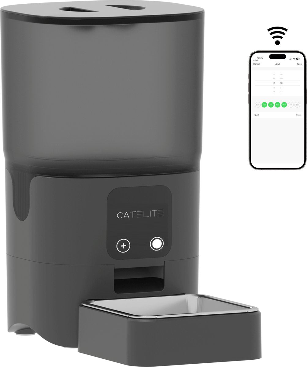 CatElite® - Automatische Voerbak Kat - Dual WiFi 5Ghz & 2.4Ghz - Voerautomaat met Smart App - 6L Voerdispenser RVS - Zwart - Incl. E-book