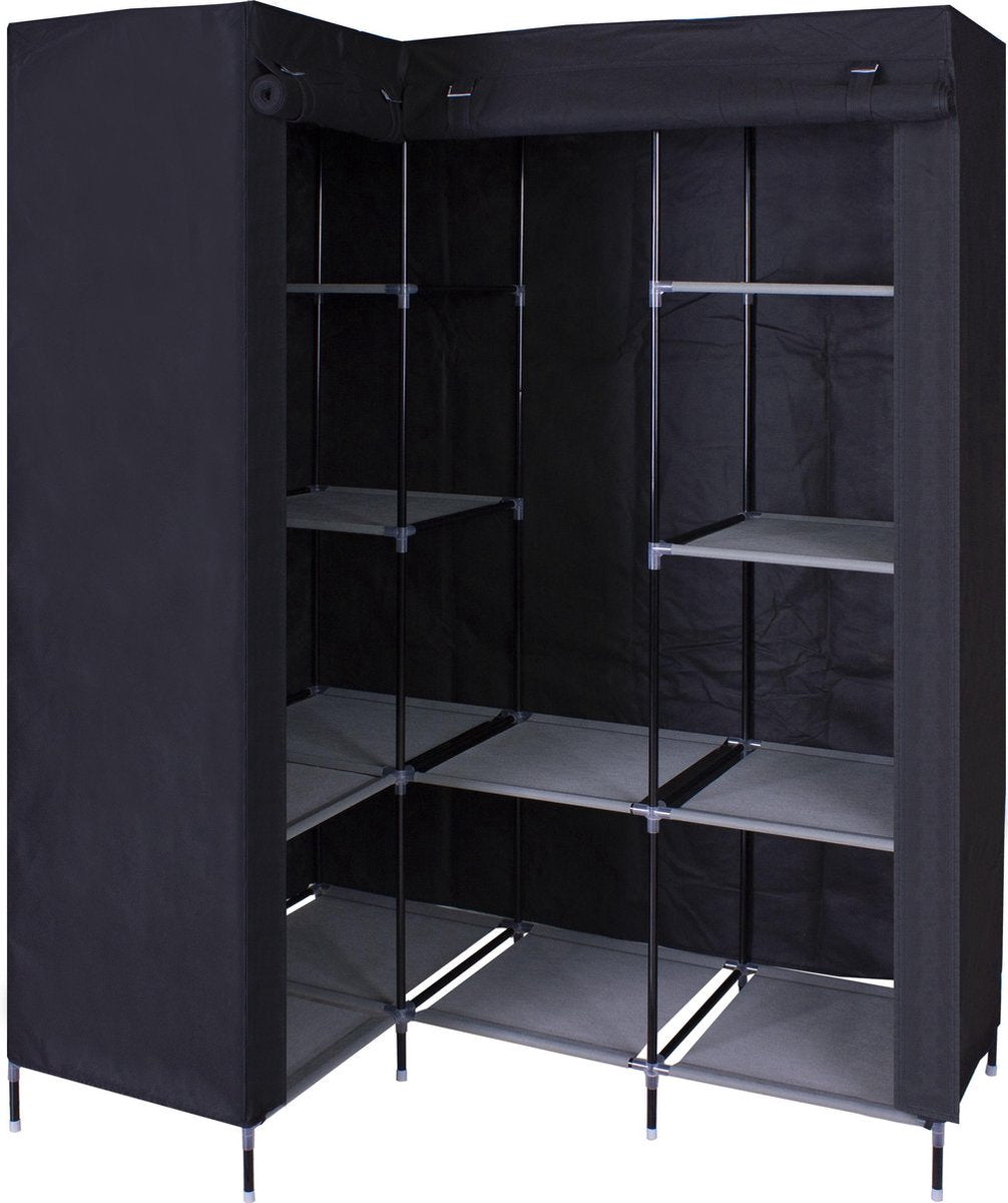 HK1Z Opvouwbare Kledingkast – 126 x 40 x 170 cm – 9 Legplanken – Stalen Frame - 90KG Draagkracht – Stoffen Garderobekast – Legkast Hoekmodel – Ruimtebesparende Kleerkast – Kampeerkast – 126 x 40 x 170 cm – Zwart