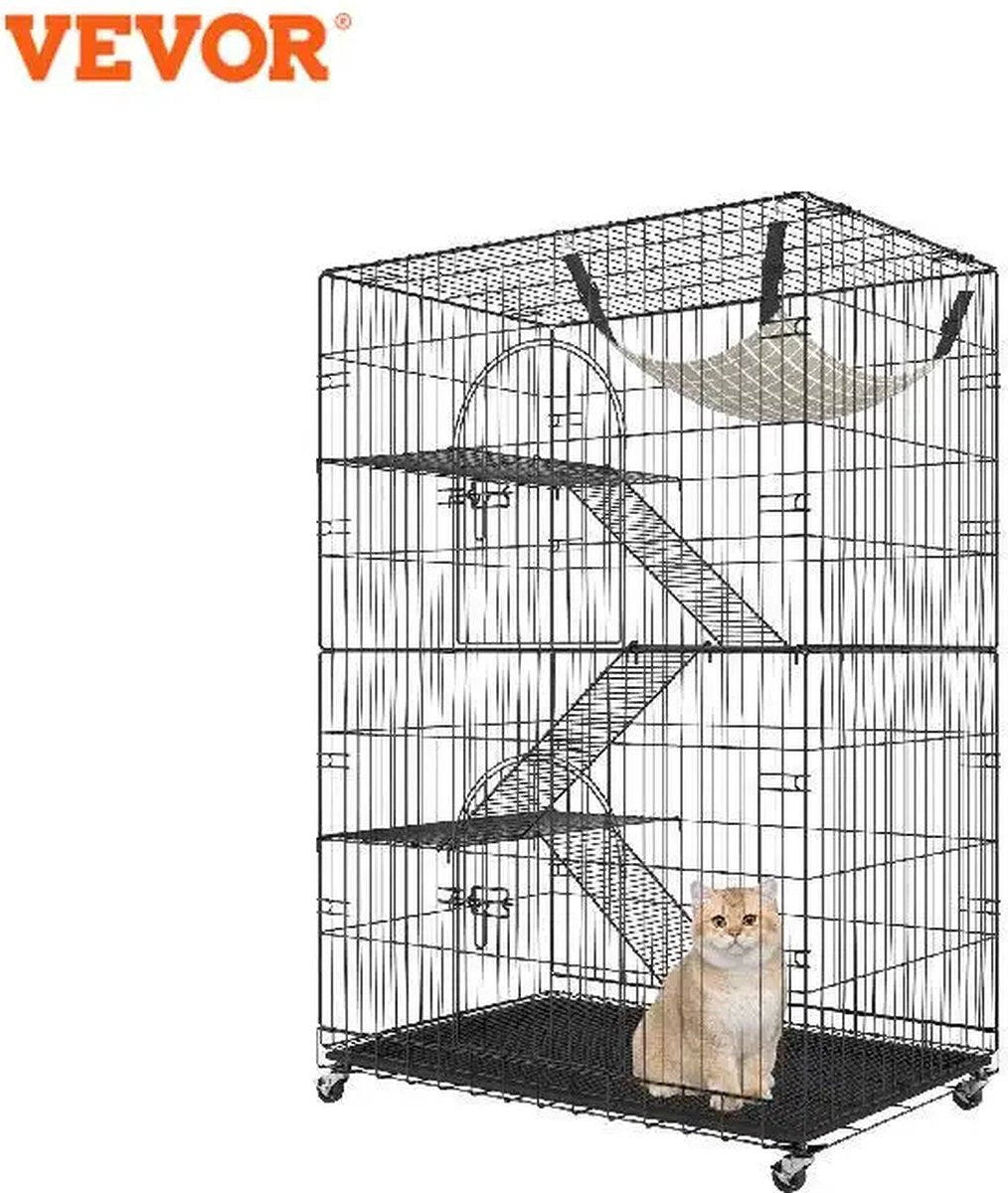 Dierenverblijf Op Wielen - Kattenren - Katten bench - Binnen & Buiten - Zwart - 90x60x133CM - Ook Geschikt Voor Cavia, Fred, Konijn, Hamster, Vogel - Draad Kennel - Groot Formaat - Inklapbaar - 4 Lagen - 30KG Draagvermogen