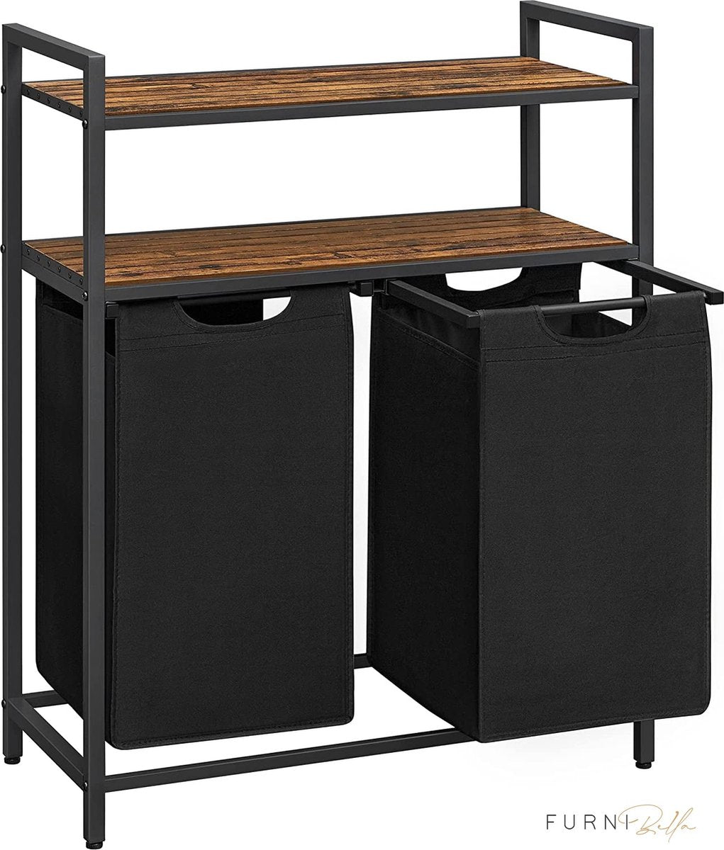 wasmand, wasverzamelaar, 2 compartimenten, 2 planken, wasbak, waszak uitschuifbaar en verwijderbaar, per zak 46 liter, voor badkamer, wasruimte, vintage bruin-zwart BLH211B01