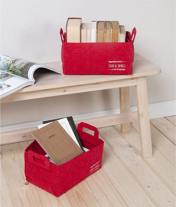 Textielset van 2 rode vilten manden met handvat, opvouwbare rechthoekige opbergmand 30x20x15 cm