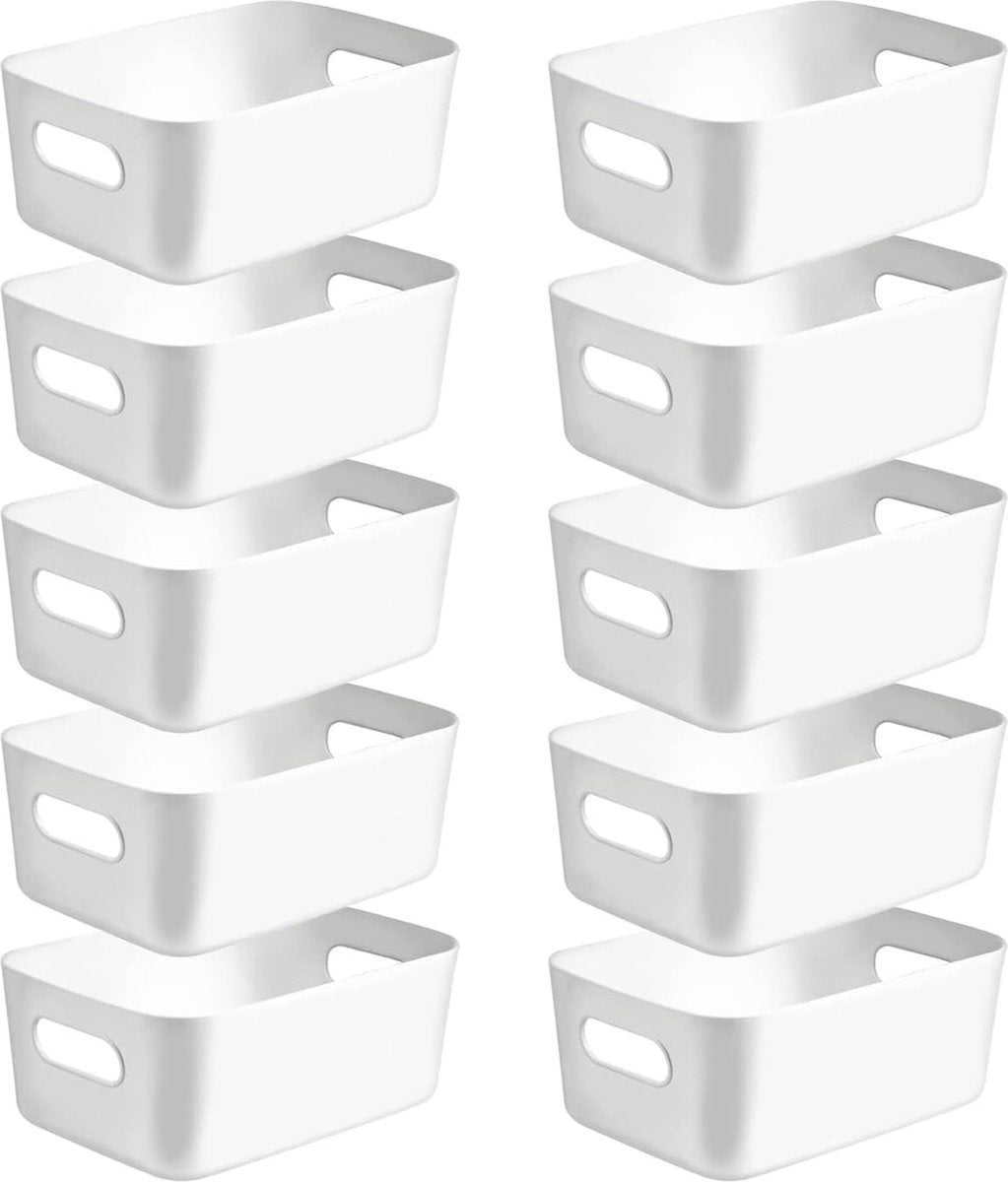 Pakket van 10 opbergdozen, plastic opbergmand, keukenkastorganizer met handvatten, manden, plastic doos voor badkamer, keuken, voorraadkast (wit, middelgroot)