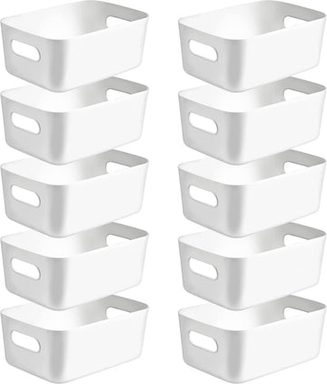 Pakket van 10 opbergdozen, plastic opbergmand, keukenkastorganizer met handvatten, manden, plastic doos voor badkamer, keuken, voorraadkast (wit, middelgroot)
