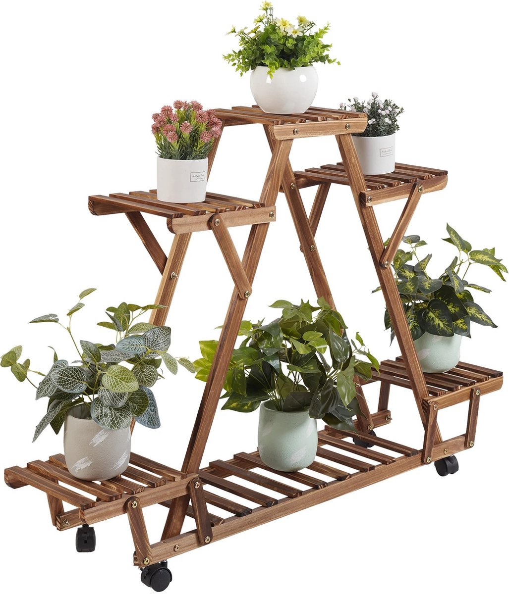 Plantenrek op wielen - Wandrek - Planten - Driehoek vorm - Ladder Kast - 6 Planken - 6 Laags - Hout - Binnen/buiten