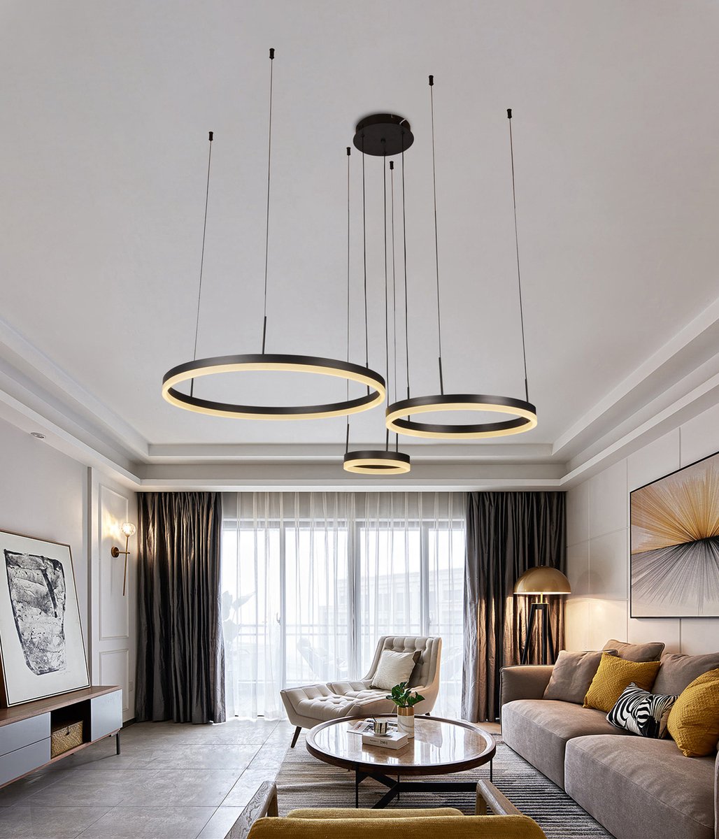 Chandelix - Luxe Hanglamp - Woonkamer - Ringen - met Afstandsbediening en App - Dimbaar - In hoogte verstelbaar - Woonkamer verlichting - Slaapkamer verlichting - Smartlamp - Ringlamp - LED - Zwart