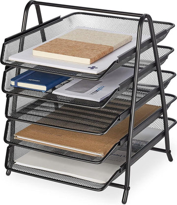 Moderne metalen brievenbak voor op het bureau met 5 vakken en zwart design - 375 x 30 x 355 cm