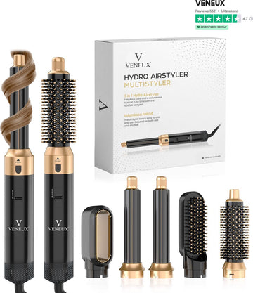 VENEUX® Föhnborstel - Airstyler - Krulborstel - Krultangen - 5 in 1 Multistyler – Zwart Met Goud - 2025 Editie