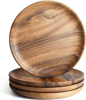 Eetborden van acaciahout, 20 cm ronde houten borden in set van 4, eenvoudige reiniging en gering gewicht voor gerechten, snacks, desserts, klassieke borden - voor Kerstmis