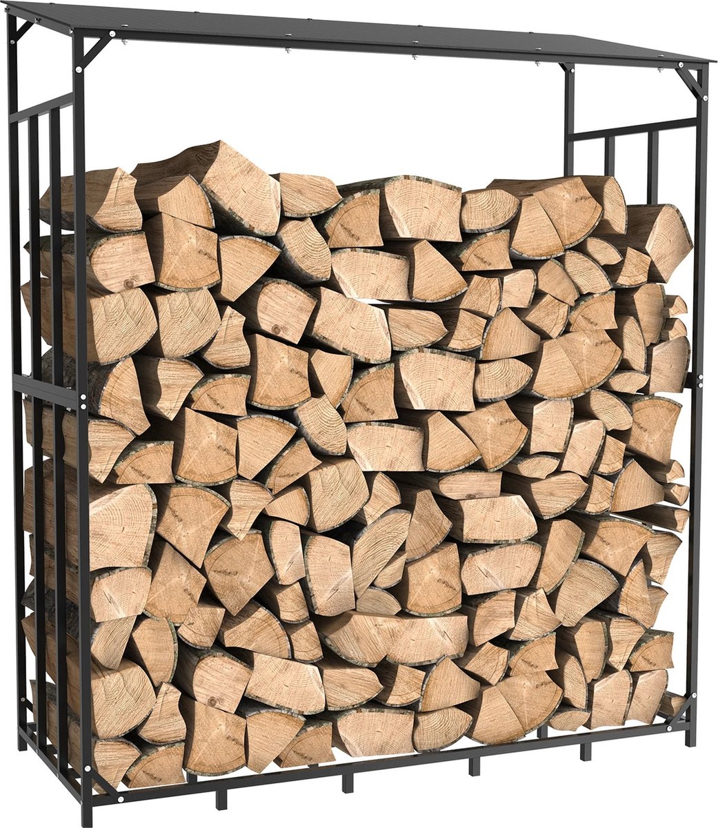 Haardhoutopslag - Houtopslag buiten - Met Dakje - Staal - Zwart - 157x60x177 cm - Max. Gewicht 300kg - Houtopslag - Haardhout Opslag