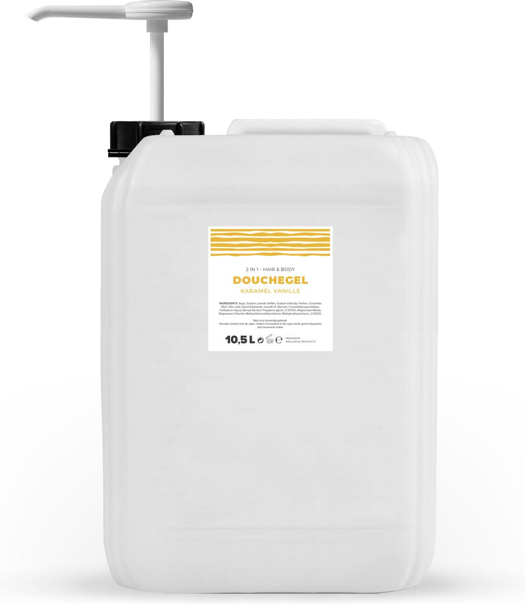 Douchegel - Vanille Karamel - Goudgeel/Parelmoer - 10,5 Liter - Met Pomp - Jerrycan - Navulling - Navullen - Mannen - Heren - Dames - Vrouw - Shower gel - Showergel - Douche gel - Shampoo - Jerrycans - Voordeelverpakking - Gel douche - Douchgel Q1