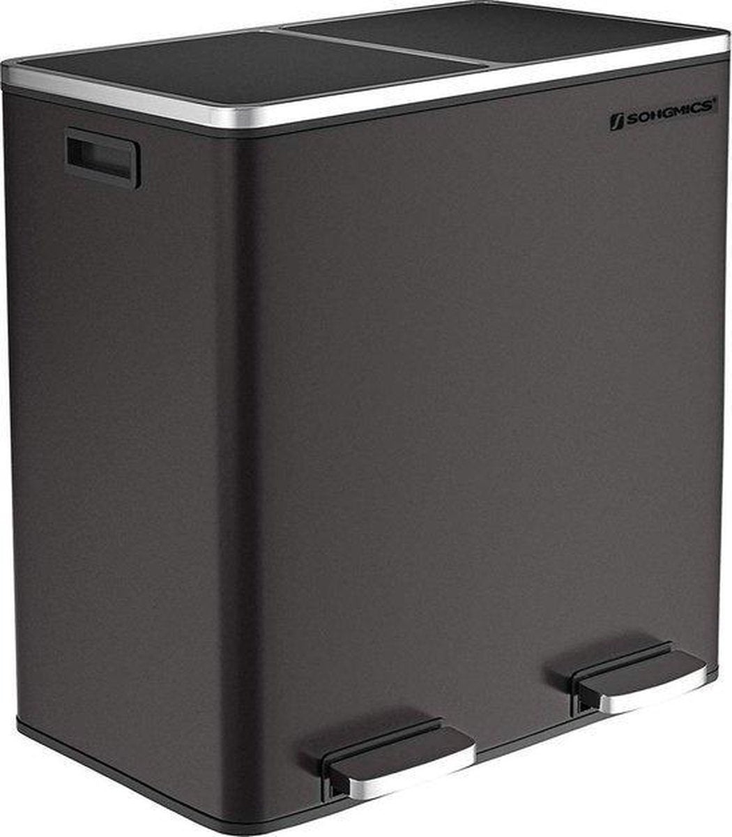 Songmics - Prullenbak - 60 Liter Inhoud (2x30) - Met 2 Gescheiden Bakken - RVS - Zwart