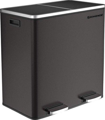 Songmics - Prullenbak - 60 Liter Inhoud (2x30) - Met 2 Gescheiden Bakken - RVS - Zwart