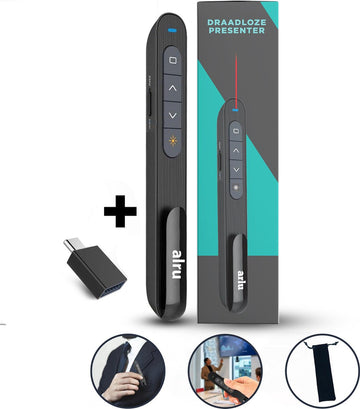 Draadloze Presenter - Presentatie Klikker - Powerpoint Afstandsbediening - Wireless Presenter - Laser Pointer - voor Presentatie - Draadloos - USB - Zwart - Inclusief USB C Adapter & Opbergzakje