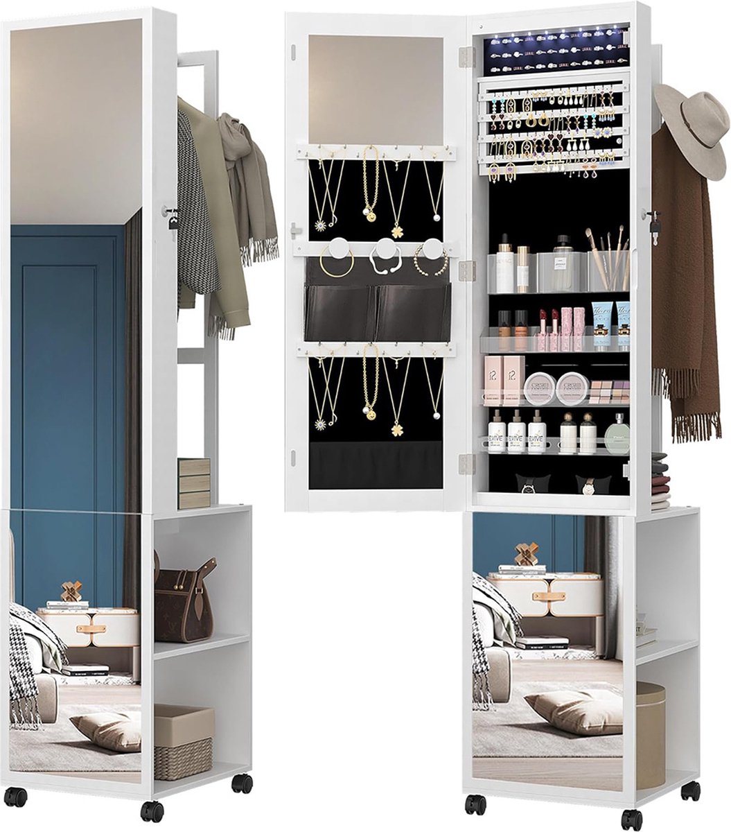 Sieradenkast Met Spiegel – Spiegelkast – Juwelenkast - Passpiegel - Make Up Kast Op Wieltjes – Slaapkamer & Badkamer - 117x44x20 Cm – Staand - Wit