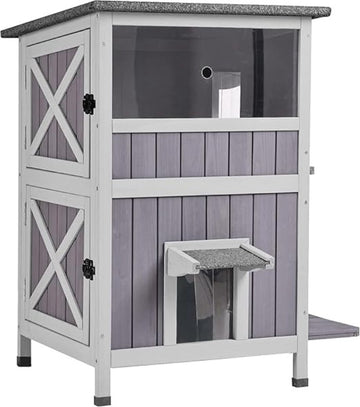 Kattenhuis voor buiten - Kattenhok - Kattenbak Kast - Ombouw - Kattenkast voor Binnen - Konijnenhok - 2 Verdiepingen - 57 x 55 x 86 cm - Dennenhout - Grijs