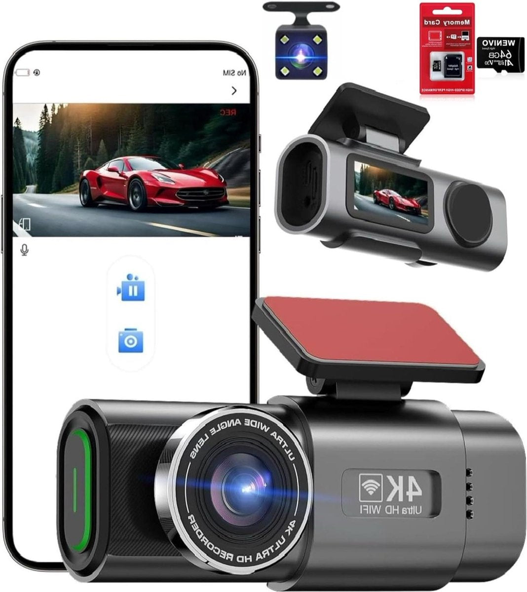 Achter Dashcam Auto Mini Dash Camera Video Recorder Wi-Fi APP GPS Tracker IPS Scherm Nachtzicht G-Sensor 170 Groothoek WDR 24 uur Parkeermonitorkit 64GB - 4K Voor Beveiliging Parkeren Dashcam voor auto