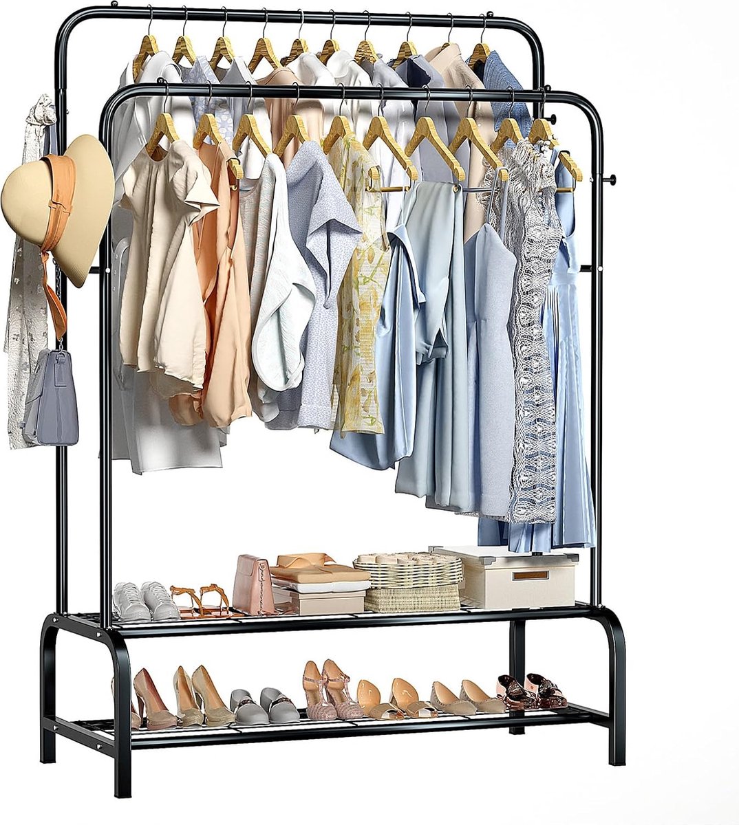 Eleganca Kledingrek – H157 x B110 x D56 cm – Garderoberek – Kledingrek metaal - Ruimtebesparend - Stijlvol en Functioneel - voor Kleding, Schoenen en Accessoires - 2 Kledingstangen - met 2 Planken en 4 Haken - Metaal - Zwart