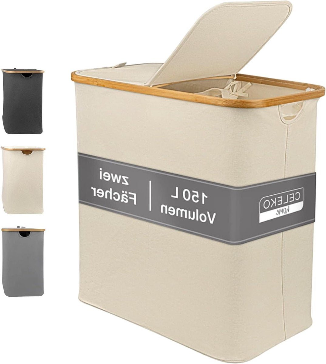 Licht Wasmand 2 vakken met deksel 150 liter bamboe-stof groot XXL sorteersysteem wasverzamelaar - beige - Celeko