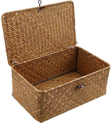 Rieten opbergmand van geweven rotan - opbergdozen met deksels - zeegras wasmanden - make-up organizer - badkamer woonkamer keuken - klein formaat rieten mand