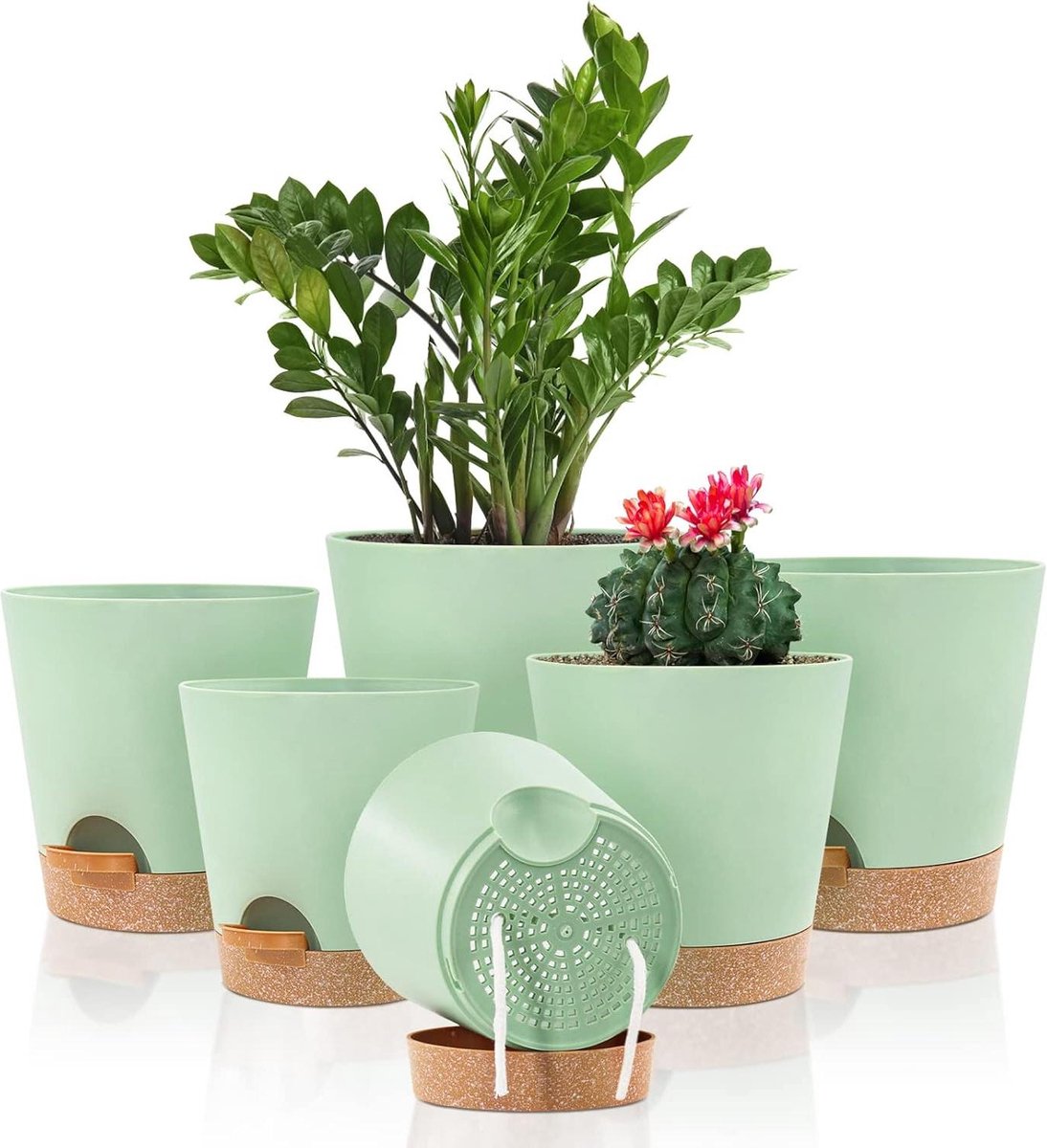Zelfwaterende plantenpotten - Plastic bloempotten met afvoergaten en schotel - Binnen 20/17.5/16.5/15/14/12.5cm - Zelf water gevende plantenpotten voor kamerplanten Bloempot