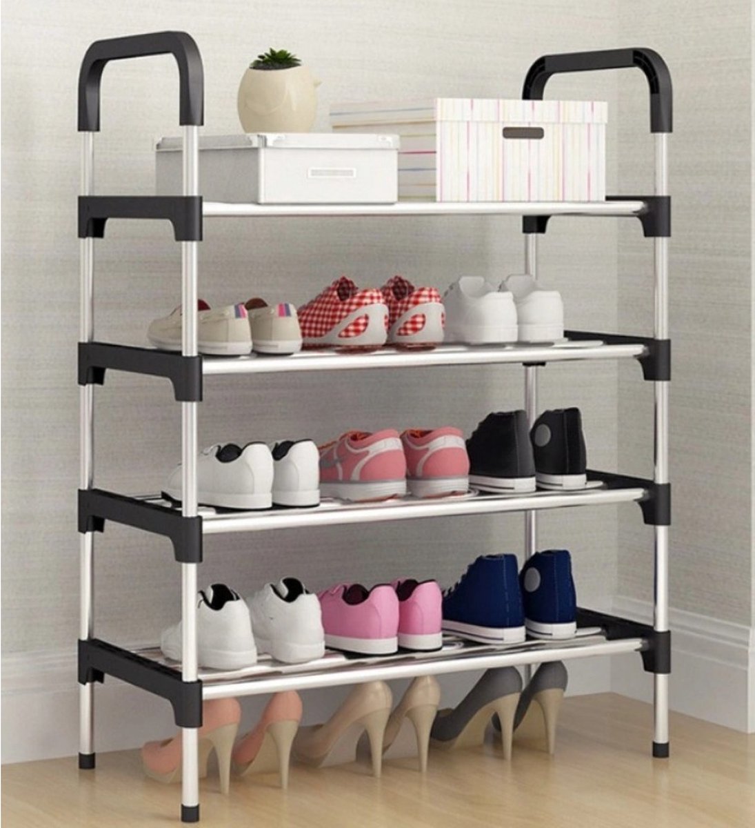 Eleganca Schoenenrek met 4 niveaus – B60 x H80 x D30 cm – Schoenenkast voor 16 paar schoenen – Universeel en stevig design – Zilver/Zwart