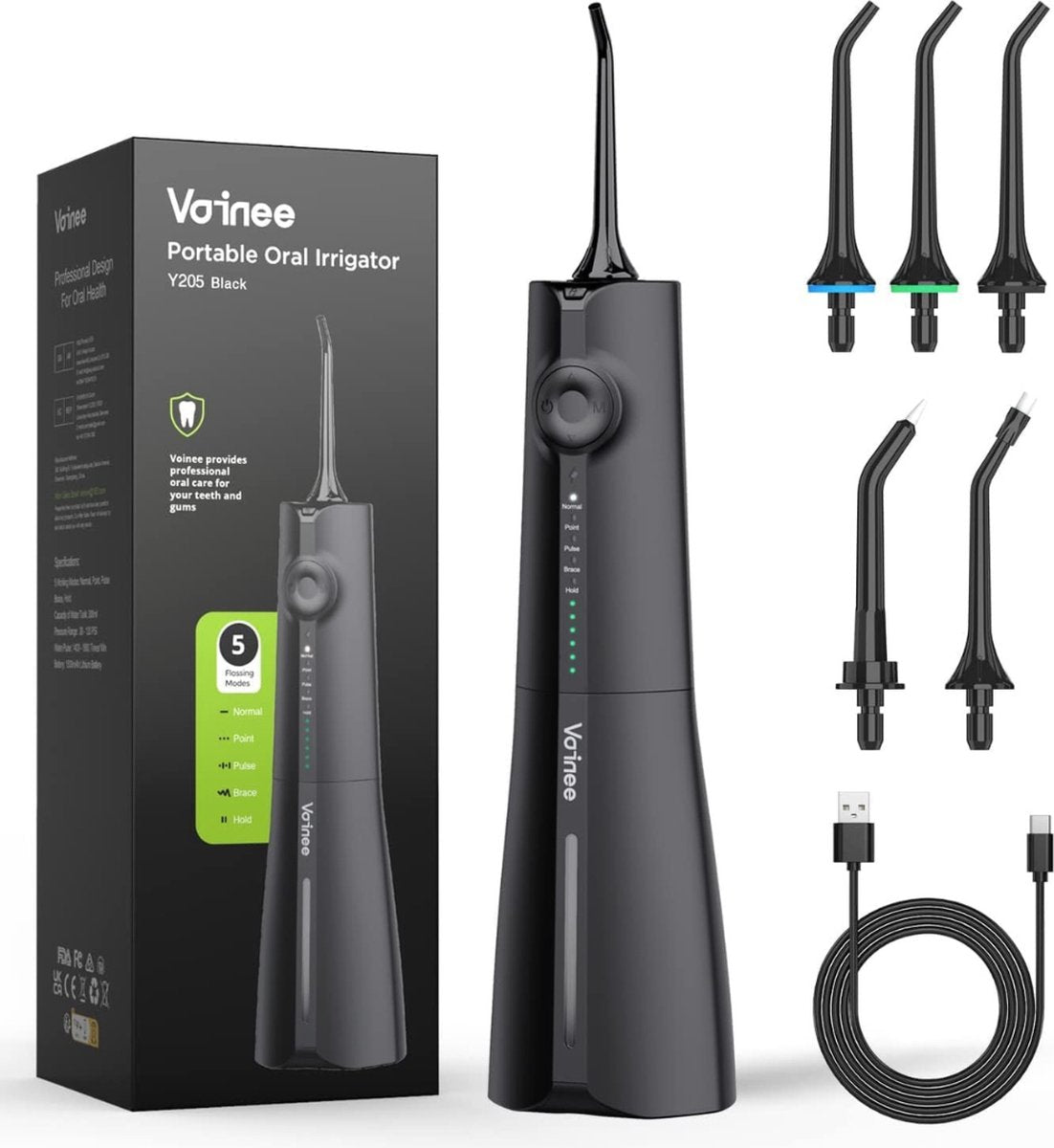 Waterflosser - Tandreiniger - 300ML - 75dB - IPX7 - 5 Mondstukken - USB Oplaadbaar Elektrische Monddouche - Flosapparaten - Lange Batterijduur - Draadloze Water Flosser - Zwart