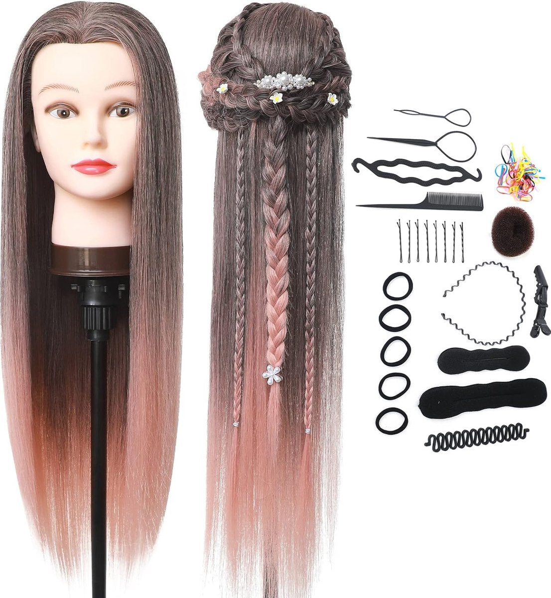 Kappershoofd 26-28 Inch 100% Synthetische Vezel Haar Training Hoofd Voor Kappers Meisjes Stylisten Zachte Mannequin Poppen Hoofd Voor Het Oefenen Van Kapsels