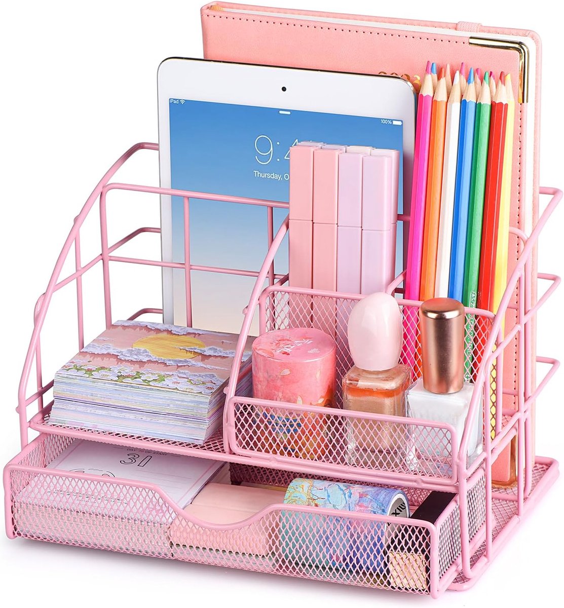 Kinderbureau-organizer voor meisjes, pennenhouder, tafelorganizer met pennenplateaus en lade, van metaal, net voor kantoor en school, roze