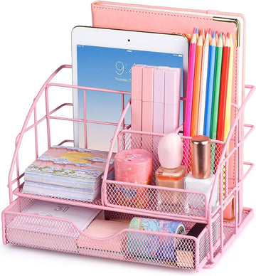 Kinderbureau-organizer voor meisjes, pennenhouder, tafelorganizer met pennenplateaus en lade, van metaal, net voor kantoor en school, roze