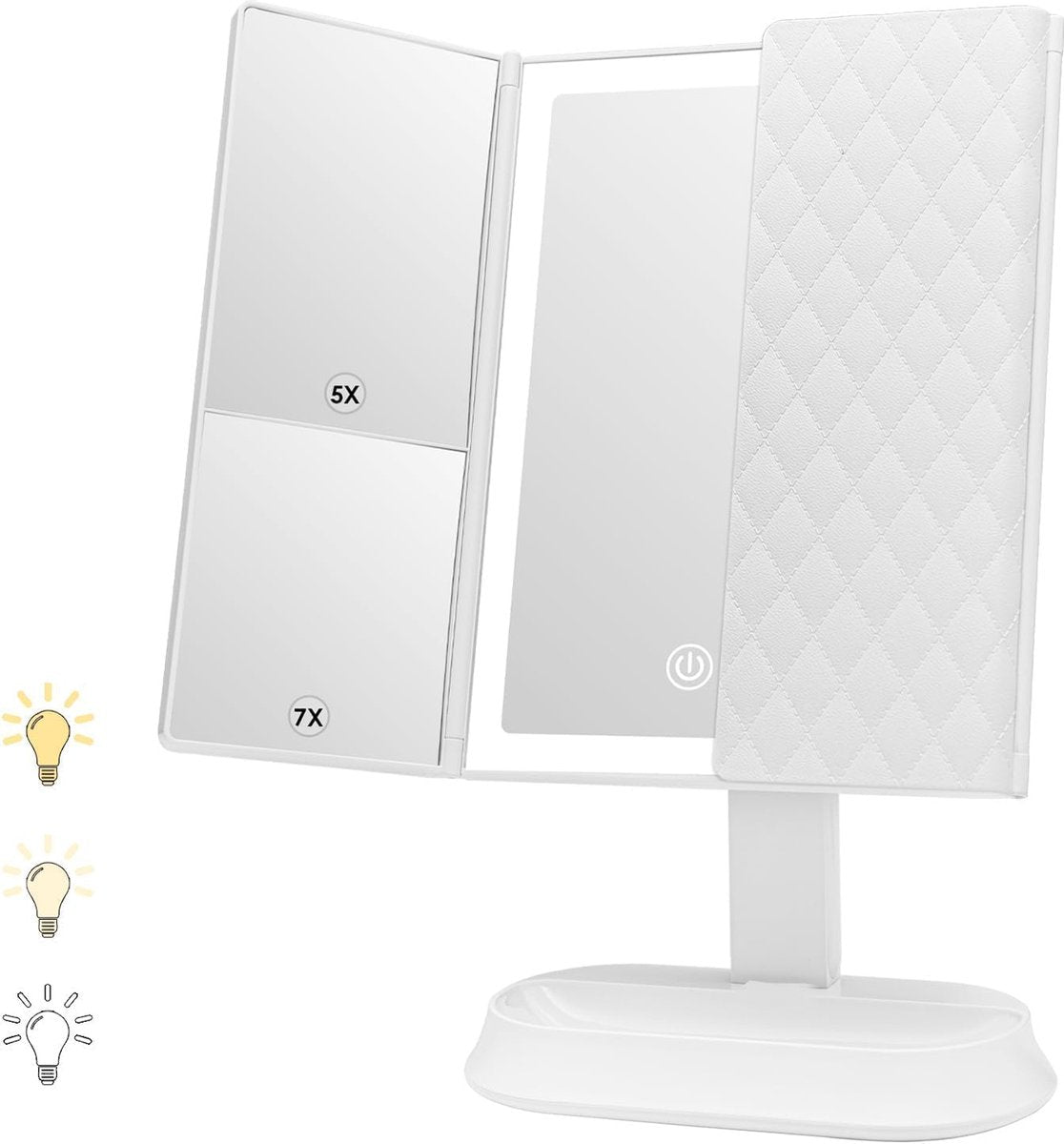 Make-up spiegel met LED-Verlichting en Touchscreen, Drievoudig 1x 5x 7x Vergroting, 90 ° Verstelbare Rotatie, Werkt op Batterijen en USB, Aanrecht Cosmetische Spiegel (Wit)