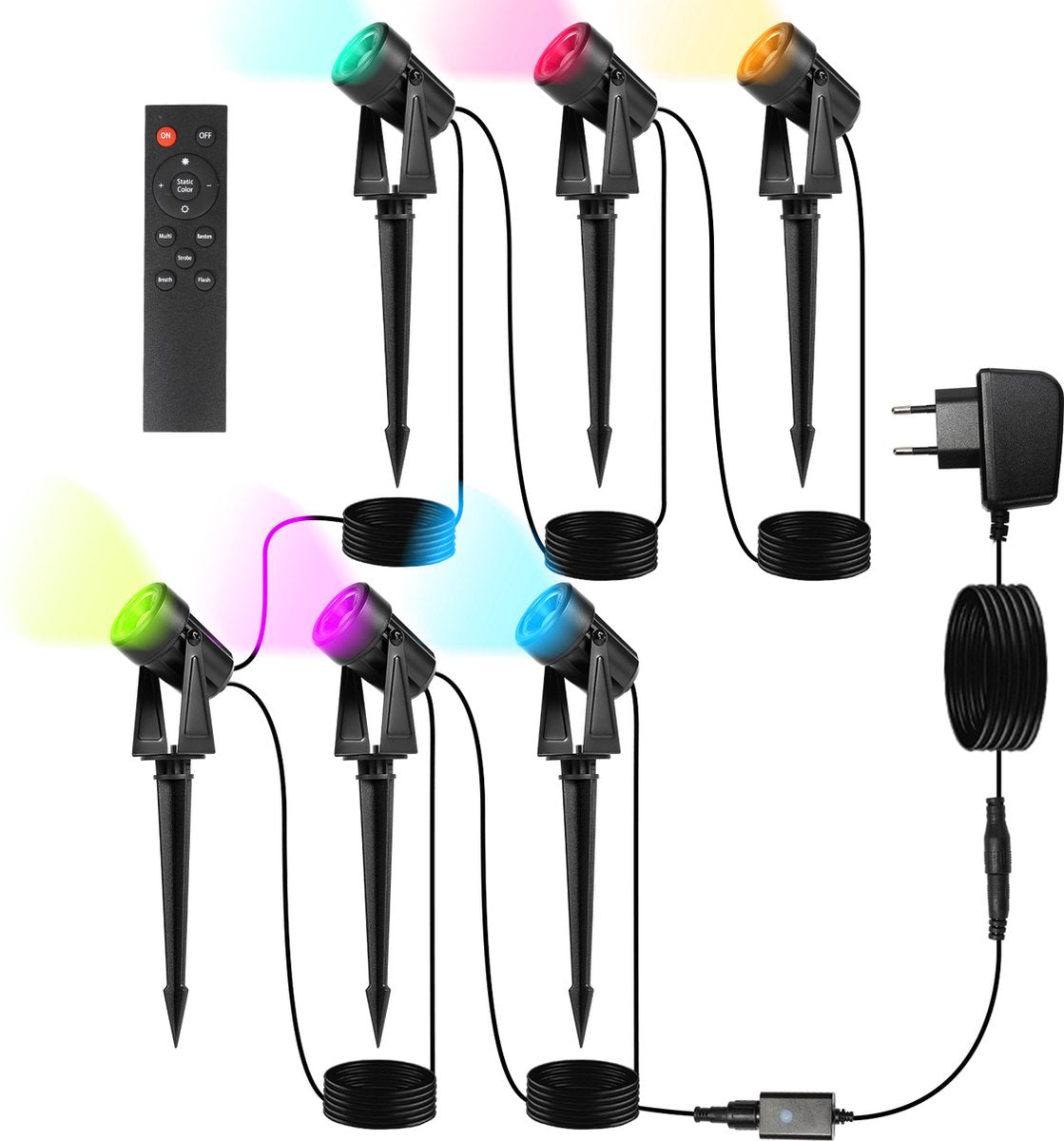 LED Tuinspot met Grondspies - RGB 6 Stuks met afstandsbediening - Tuinverlichting met Stekker 6 in 1 - Buitenverlichting Prikspots - Waterdicht IP65