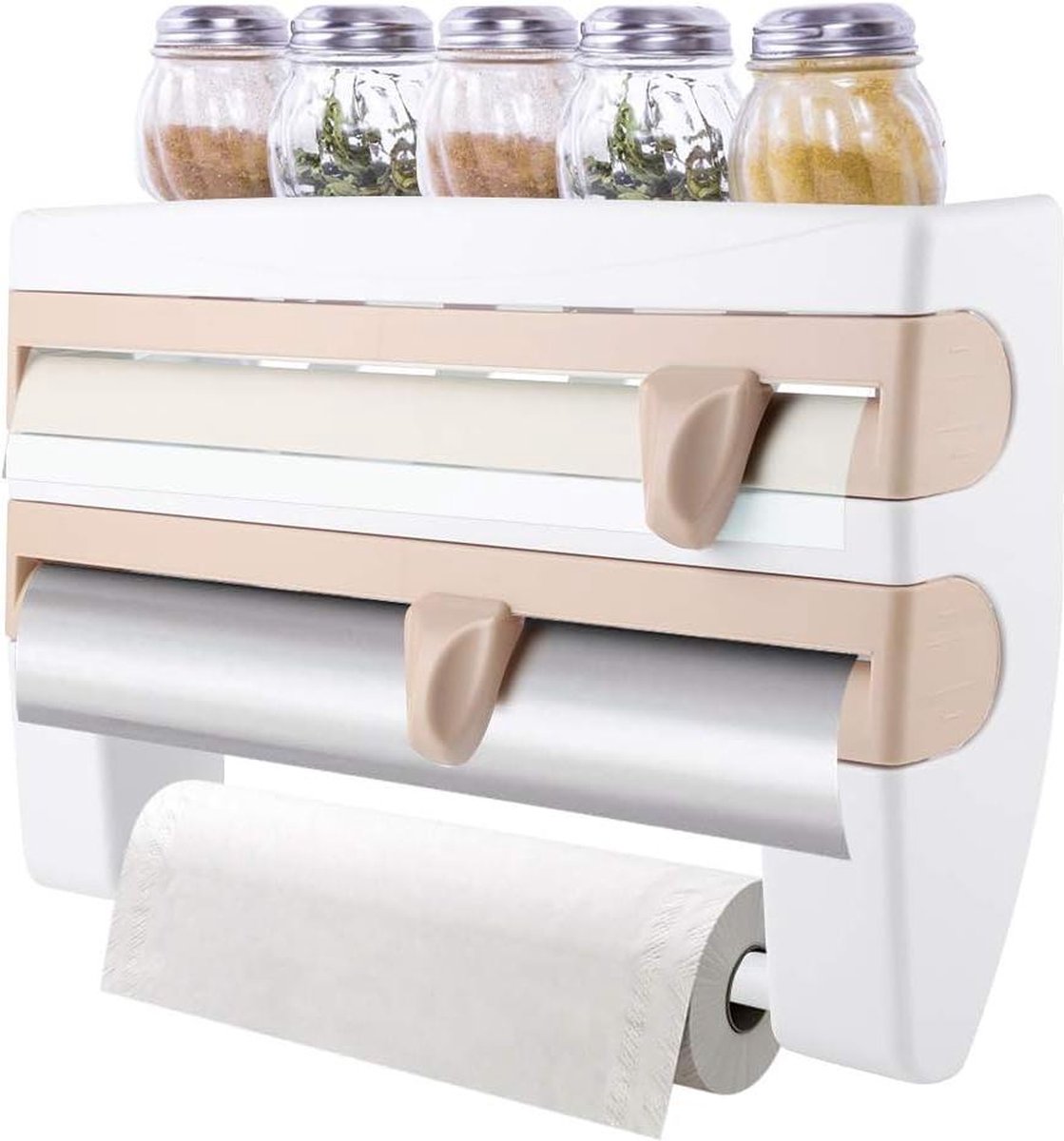 Foliehouder Wandrol met plank - Keukenrolhouder en foliesnijder - Papierrolhouder voor keukenrol - Aluminiumfolie Vershoudfolie Papieren handdoekhouder - Houder Keukengereedschap (khaki)