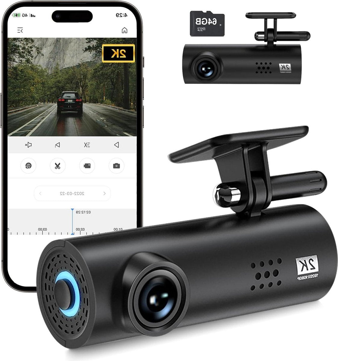 Auto achter Dashcam, 2K + 1296P WiFi, 64G SD-kaart, 170° groothoek, loopopname, nachtzicht, parkeermodus Dashcam voor auto