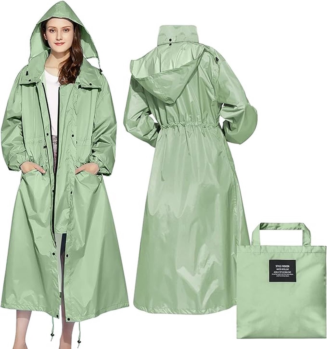 Stijlvolle lange regenjas, uniseks, volwassenen, regenponcho met waterdichte zak met klep, capuchon, trekkoord, regenkleding, regencape, regenjas, dames en heren., groen, XXL