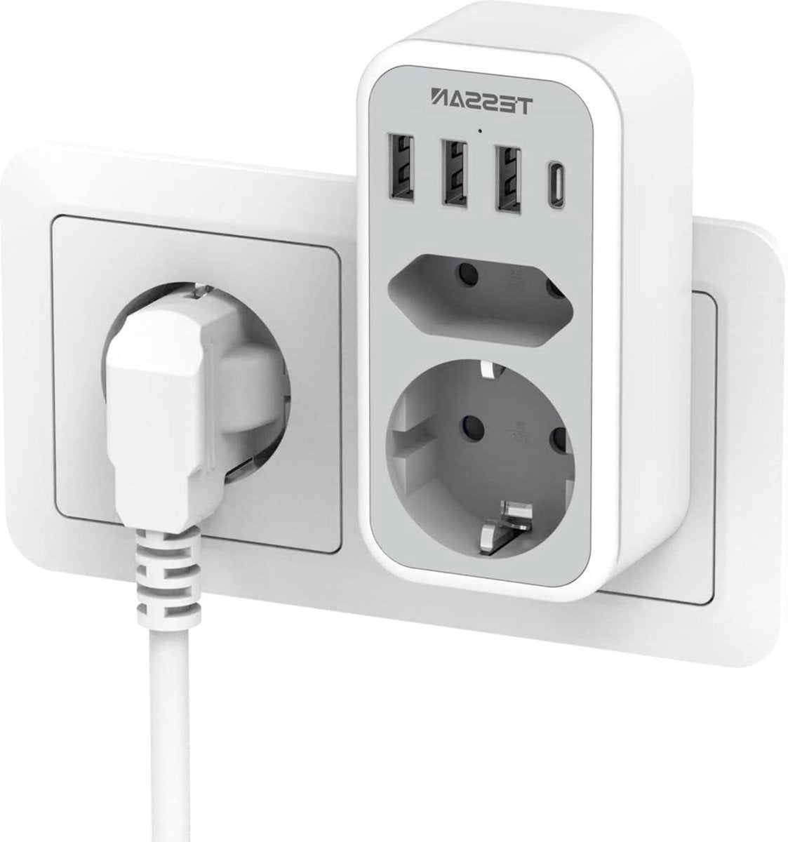 Dubbele Stekkeradapter Stopcontact USB C - 2 voudig met 4 USB Netstekker - Meervoudige Stekker en USB C Adapter Grijs