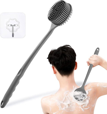 Siliconen lichaamsborstel, dubbelzijdige rug voor douche, doucheborstel, lange steel voor mannen en vrouwen, badborstel, doucheborstel voor dieptereiniging, badwasmachine exfoliërende massage