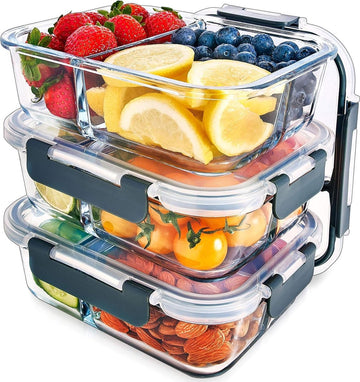 Glazen Meal Prep Containers - 3 Compartimenten - Luchtdichte Kliksluiting Deksels - BPA Vrij - Magnetron Vriezer Vaatwasserbestendig - Portie Controle - Vershoudbak - Set van 3 Meal prep bakjes