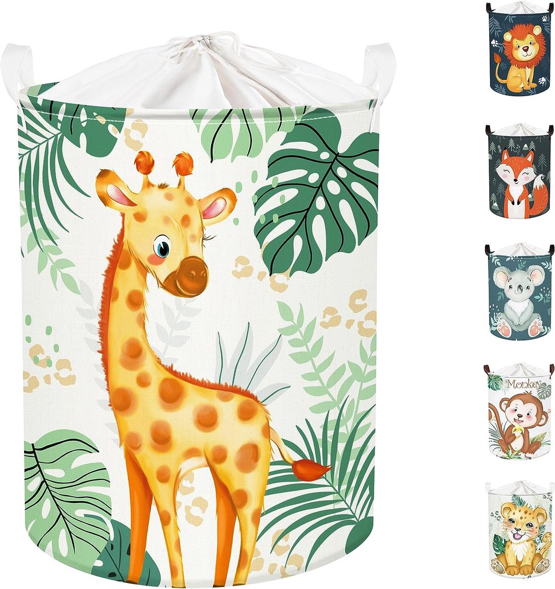 45L Schattige Groene Wasmand Baby met Giraffe , Vogels - Bosdieren Bladeren Ronde Wasmand Opvouwbaar - Perfecte Opbergmand voor de Kinderkamer om Speelgoed op te Bergen 36 x 45 cm